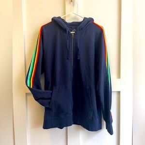 Primary Dark Blue Hoodie with Multicolor Stripes